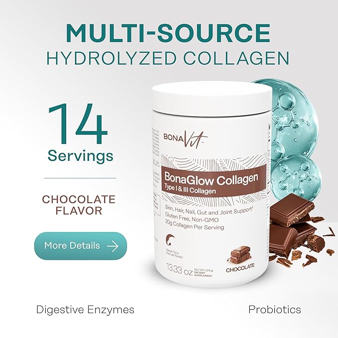 Collagen Peptides - Type I & III - Premium Hydrolyzed Collagen Powder - with Digestive Enzymes & Probiotics - High Dosis of Collagen & Protein - 14 Servings - BonaGlow Chocolate