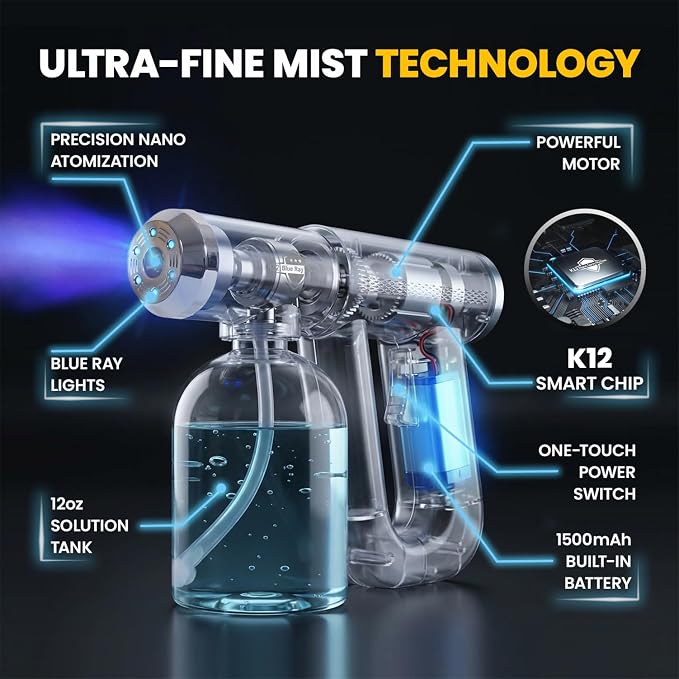 Professional K12 Nano Spray Gun, Multipurpose Face Mist Sprayer, ULV Fogger Machine Disinfectant Spray & Barber Mist Sprayer, Portable & Rechargeable Disinfecting Alcohol Spray Bottle for Sanitizing