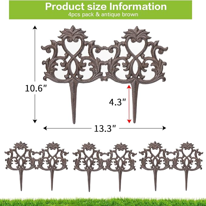 Sungmor Decorative Cast Iron Garden Edging,4 Pack Vintage Garden Border Fence for Lawn, Flower Beds and Patio,Heavy Duty Rustic Ornate Metal Fences,Brown Finish