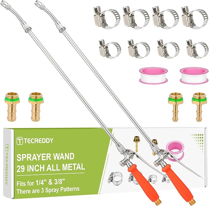 Replacement Pump Sprayer Wand, 2 Pack 29 Inch All Metal Spray Wand for Tank Sprayer with Stainless Steel Extension Tubes, 1/4" 3/8" Brass Barbs Joint Parts for Weed Lawn Plants Careing