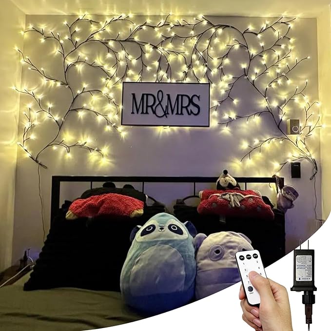 Enchanted Willow Vine Lights, 18 Branches 144 LEDs Lighted Willow Vine for Wall Decor, Indoor Christmas Swags Decorations for Bedroom, Living Room & Home Decor