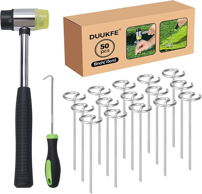 6 Inch Landscape Fabric Staples, 50Pcs Garden Stakes Galvanized +Pick Hook +Rubber Mallet, G Shaped Weed Barrier Stakes 11 Gauge Lawn Staples Landscape Pins for Yard, Sod, Weed Mat