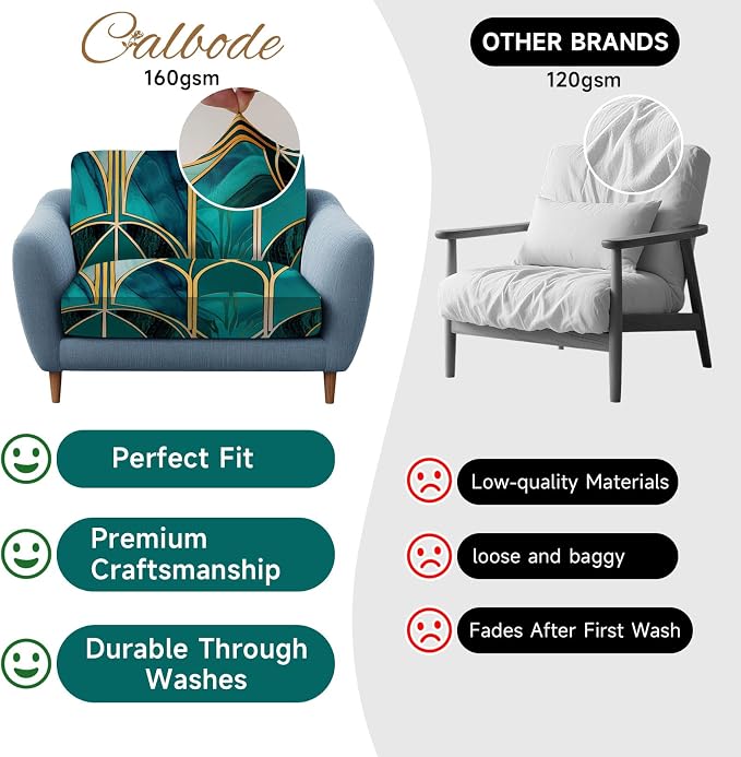 CALBODE 8Pcs Stretch Patio Cushion Cover, Art Deco Geometric Pattern Couch & Sofa Slipcovers for Patio Furniture Cushions Washable Reusable Couch Covers Replacement for All Season(Green, Cover Only)