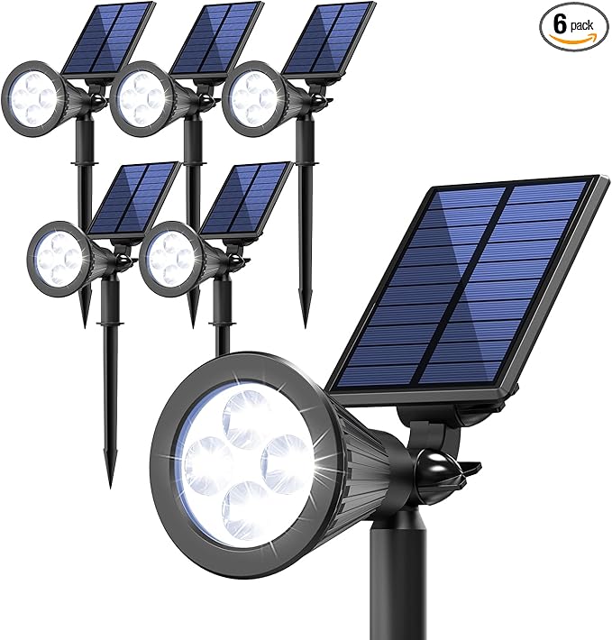 Solar Lights Outdoor Waterproof IP65, Cool White, 2 Lighting Modes, Solar Spotlights for Yard Garden Solar Spot Lights for Flag Landscape Auto On/Off-6 Pack