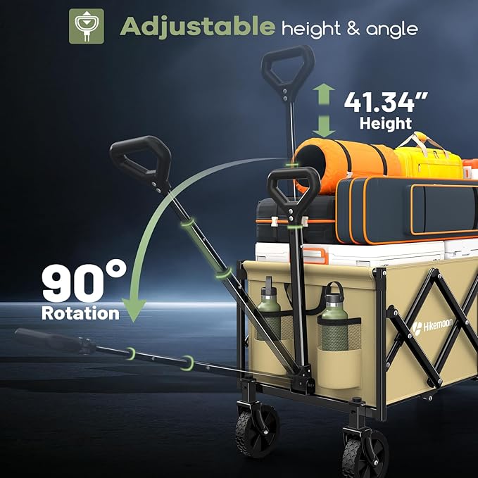 Hikemoon 34'' Extra Long Collapsible Wagons Carts Foldable, 360LBS Heavy Duty Folding Beach Wagon with Wheels, Portable Utility Outdoor Cart for Grocery, Garden, Sports, Camping, Khaki