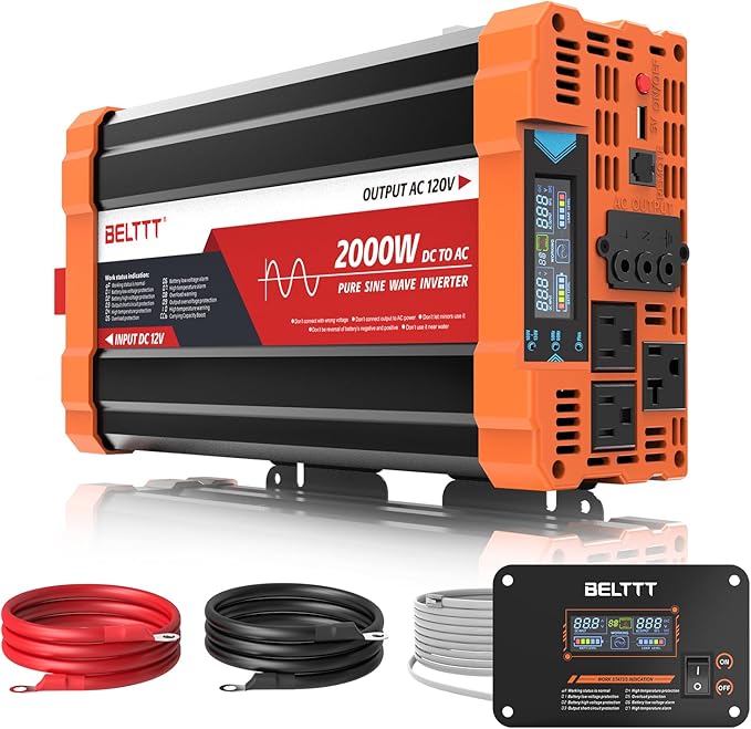 BELTTT 2000W Pure Sine Wave Inverter, Inverter 12V DC to 120V AC for Solar, RV, Truck, Outdoor, Power Inverter with Dual AC and 20A Socket, 5V 2.1A USB, Surge 4000W, Hardwire Port, Remote Controller
