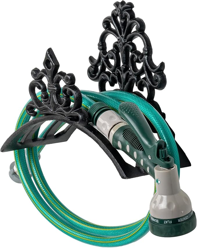 MyGift Wall Mounted Garden Hose Holder, Decorative Vintage French Floral Scrollwork hose Reel Hanger, Black Cast Iron Water Hose Storage Rack