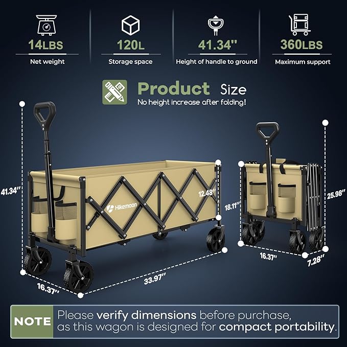 Hikemoon 34'' Extra Long Collapsible Wagons Carts Foldable, 360LBS Heavy Duty Folding Beach Wagon with Wheels, Portable Utility Outdoor Cart for Grocery, Garden, Sports, Camping, Khaki