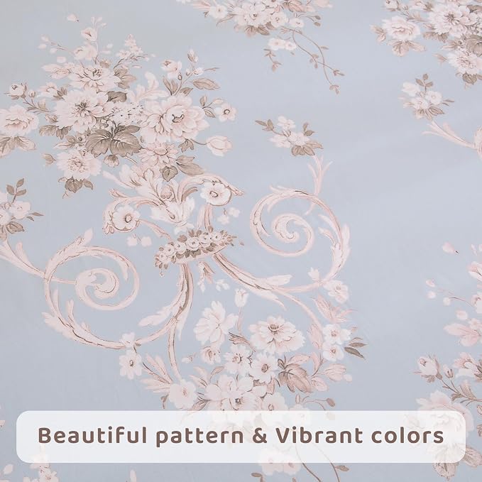 QSH Floral King Size Sheet Sets - 100% Egyptian Cotton Floral Bedding Sheets Blue Vintage Paisley Flower Pattern Printed Bedding King Size Bed Sheets 17.5" Extra Deep Pocket 4pcs