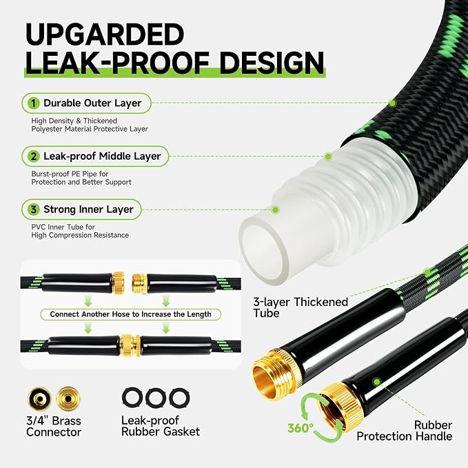 Garden Hose 25 ft Flexible Water Hose Non-Expanding Lightweight Kink-Free Hoses Durable Leak-Proof High Pressure Pipe with 3/4” Brass Fitting 10 Function Nozzle for Outdoor Yard Lawn Car Wash