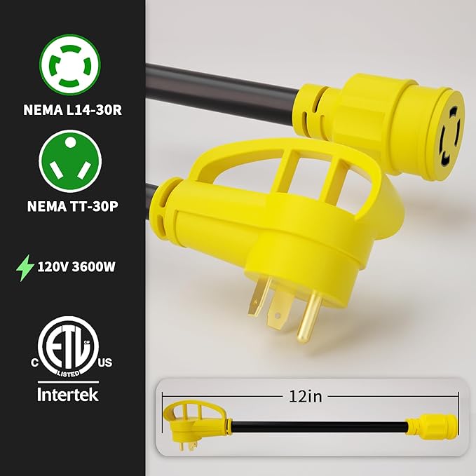 POWGRN 30 Amp to 30 Amp RV Generator Adapter Cord 1FT(12 Inch), NEMA TT-30 Male Plug to NEMA L14-30 Female Plug, 3 Prong Heavy Duty Power Cord, 10 Gauge STW, 30A 125V/250V, Black-Yellow, ETL Listed