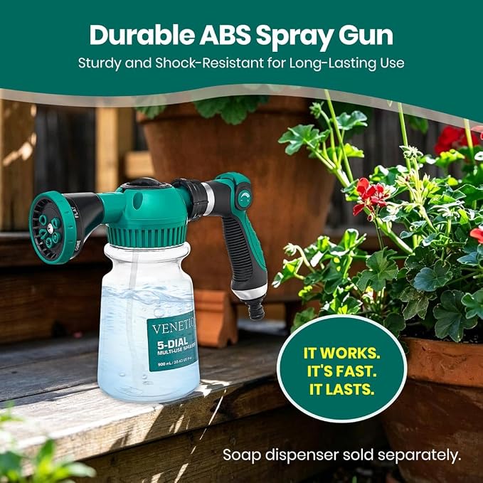VENETIO 5-Dial Hose Attachment Spray Gun Pro with 6 Watering Patterns Nozzle and 30oz Refillable Bottle, Versatile Hose-End Garden Sprayer for Liquid Fertilizer, Weed Killer, Soap & Outdoor Cleaning
