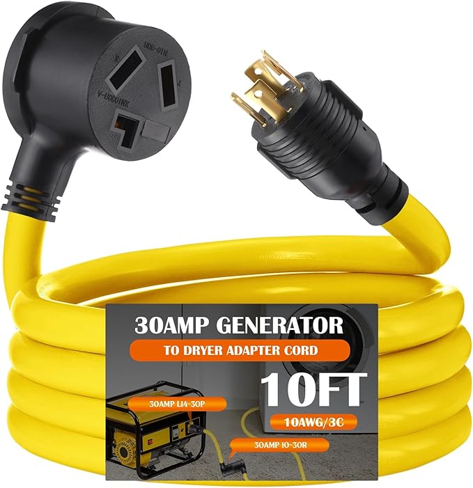 Tellegloww 10FT 30 Amp Generator to Dryer Adapter Cord Compatible with NEMA L14-30P to 10-30R, 4 Prong Locking Generator Male to 3 Prong Dryer Female, ETL Listed, 30A 125/250V, STW 10 AWG/3C