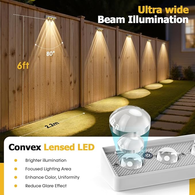NIORSUN Solar Fence Lights,8 Pack Solars Deck Light,RGB Color,Outdoor Bulb Waterproof Led IP65,Power Patio Lamp with Lenses for Outside/Backyard/Railing/Yard(White)
