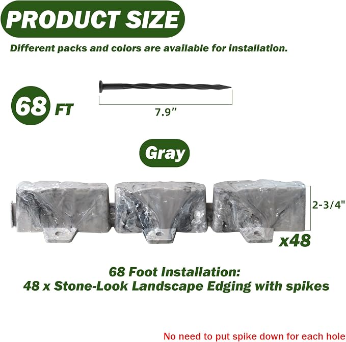 Landscape Edging Faux Stone Edging Garden Edging Border,68FT x 2.75 in Tall Decorative Stone-Look Garden Border for Flower Bed Edging,Yard Edging,Lawn Trees and Gardens,with Anchoring Spikes,Gray
