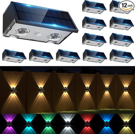 Solar Fence Lights Outdoor, 12 Pack Warm & Cool White RGB LED IP68 Waterproof Wall Mount Sconce Up & Down Solar Lights for Outside Garden Patio Backyard Garage Step（Black