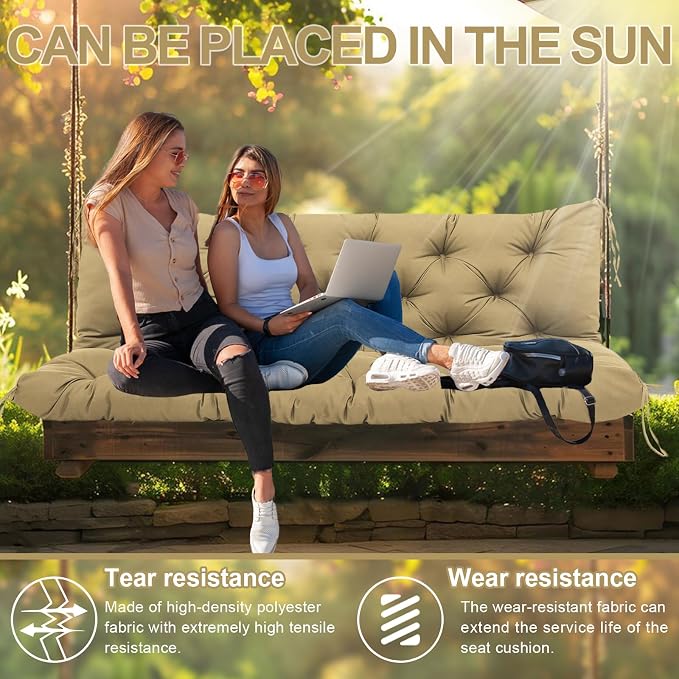 Premium 5" Thick Waterproof Porch Swing Cushions Sturdy Durable 2 Seat Replacement Outdoor Swing Cushions with Backrest&Ties Bench Cushion for Outdoor Furniture Backyard Patio Garden