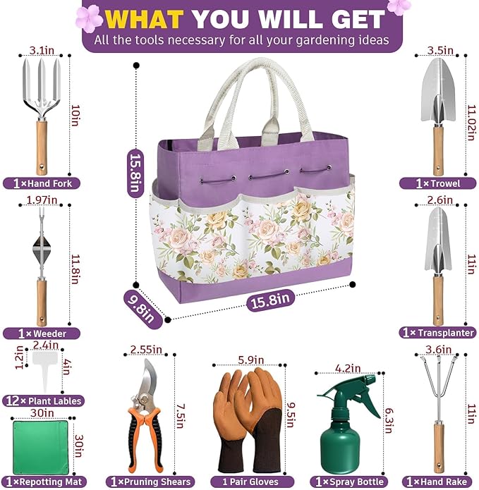22Pcs Gardening Tools Set for Women Heavy Duty Garden Hand Tool Kit,Gifts for Mothers Day Mom Beginner Gardening Accessories with Large Tote Bag/Shovel/Repotting Mat/Plant Labels/Gloves-Purple