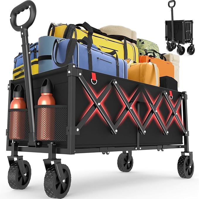 Heavy Duty 360LBS Wagons Carts Foldable, Collapsible Wagon with All-Terrain Swivel Wheels, 180L Extra Long Portable Folding Cart for Outdoor Camping Beach Shopping Sports
