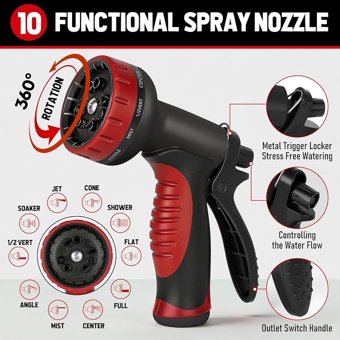 Garden Hose 25ft x 5/8", NON-EXPANDABLE Heavy Duty Premium Flexible Water Hose with 10 Function Spray Nozzle, No Kink, Leakproof, Lightweight Hybrid Hose with Swivel Handle, Male to Female Fittings