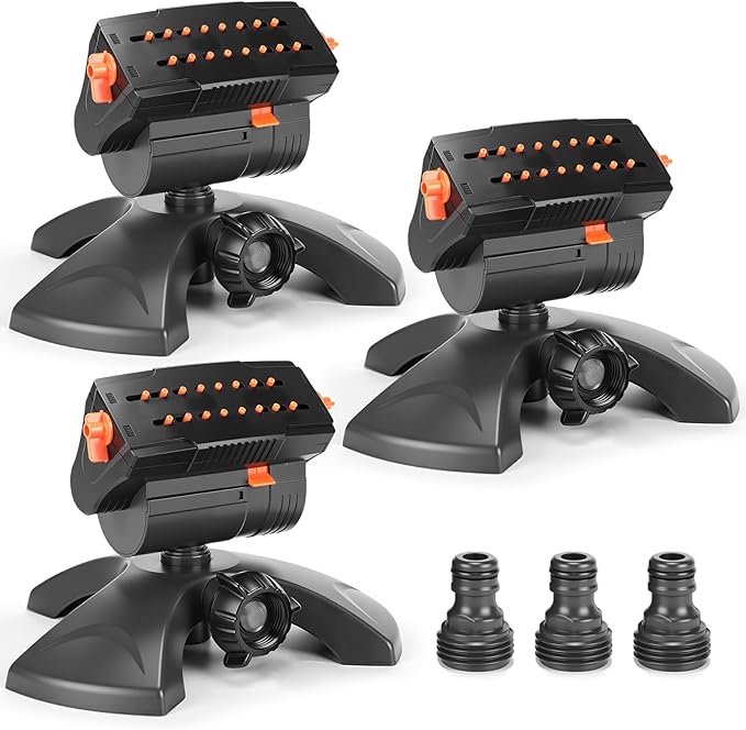 Reallnaive 3 Pcs Adjustable Oscillating Sprinkler 4 Way ABS Lawn Sprinkler Covers 4000 Sq. ft 16 Nozzle with Quick Connect for Garden Large Area Watering(Weighted Base)