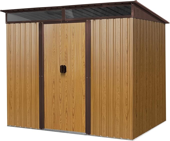 8x6 FT Outdoor Metal Storage Shed, Galvanized Steel Garden Shed, Foundation Frame, Ventilated Tool Storage House, Sloped Roof, Weather Resistant Backyard Shed for Lawn Equipment, Coffee