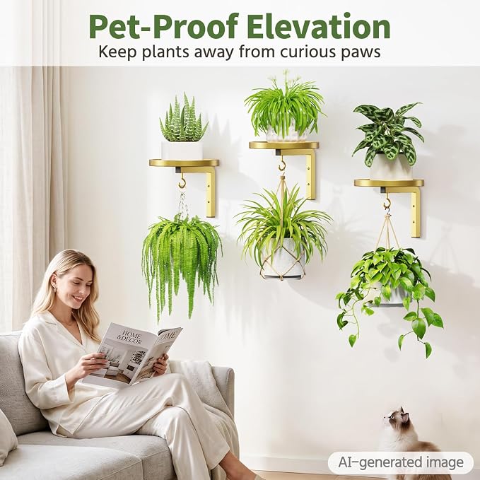 LASZOLA 4Pcs Wall Mount Plant Shelves with Hangers for Indoor Planters, Heavy Duty Metal Window Floating Flower Holders Stand for Kitchen Bathroom, Classic Gold