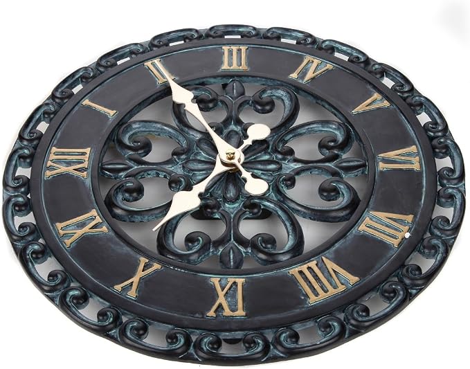 Lily's Home Hanging Verdigris Wall Clock, Ideal for Indoor or Outdoor Use, Makes a Great Housewarming Gift, Black (13.5 Inches)
