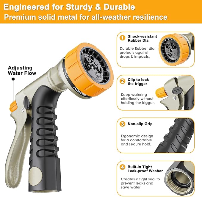 FANHAO Heavy Duty Garden Hose Nozzle, 100% Metal Rear Trigger Hose Sprayer for Garden Hose High Pressure, 7 Spray Patterns Water Hose Nozzle for Plants Watering, Cars Washing & Pets Bathing