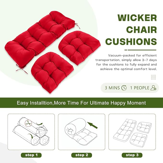 Wicker Chair Cushions Set, 2 U-Shaped Cushions & 1 Loveseat, Waterproof Outdoor Loveseat Cushion for Patio Furniture, Settee Bench Pad All Weather,Red