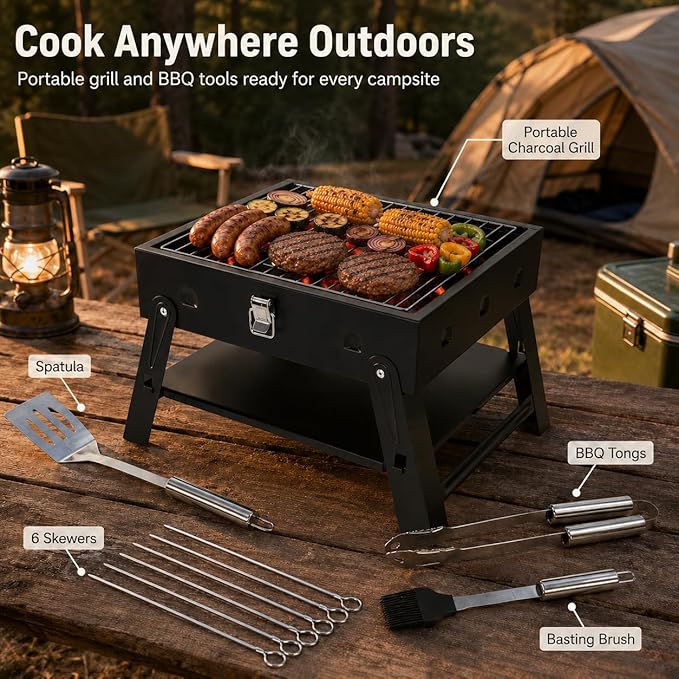 Small Portable BBQ Charcoal Grill: Mini Foldable Table Top Barbecue Grills with Fire Starter Kit and BBQ Grilling Tool Set, Fathers Day Birthday Grilling Gift for Men Dad Husband