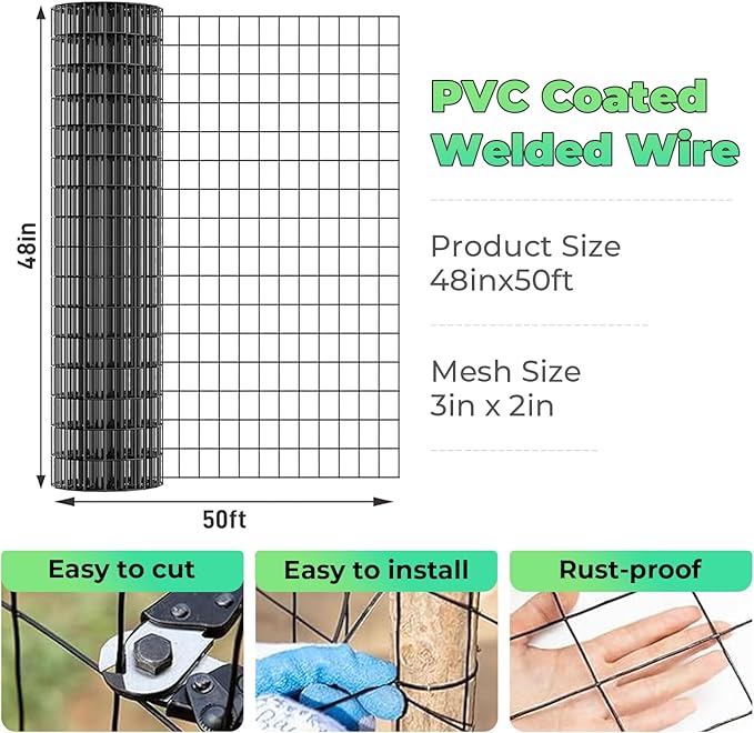 16GA Black PVC Coated Welded Wire Fencing 48 Inch x 50 Foot, 2 Inch x 3 Inch, Garden Border Fencing Roll Vinyl Coating Metal Wire Mesh for Yard Vegetable Plant Protection Poultry Netting