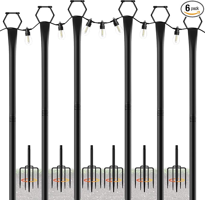 6 Pack String Light Poles for Outside, 10Ft Light Poles for Outdoor String Lights, Adjustable Outdoor String Light Poles with Fork,Metal Fence Post for Patio,Backyard,Deck