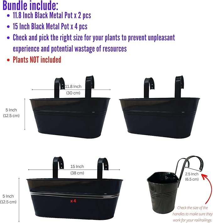 LaLaGreen Bundle- 2 Pack,11.8 Inch + 4 Pack, 15 Inch Black Metal Pot Hanging Window Flower Boxes with Hook Herb Succulent Bucket Outdoor Railing Fence Deck Balcony Patio Porch Modern Boho Garden Style