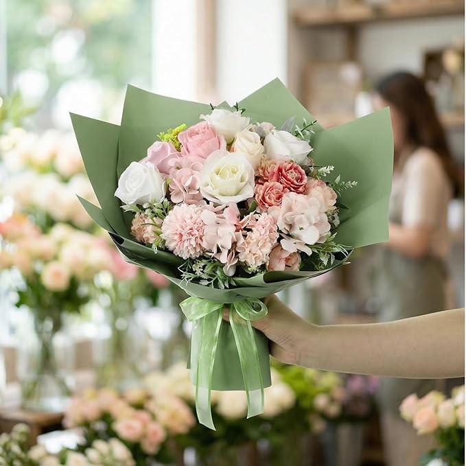 Sabary 120 Sheets Flower Wrapping Paper Bouquet Pure Color Waterproof Floral Packaging Paper with 196 Inch Ribbon Florist Bouquet Supplies for Wedding Birthday DIY, 22.8 x 22.8 Inch (Sea Pine Green)