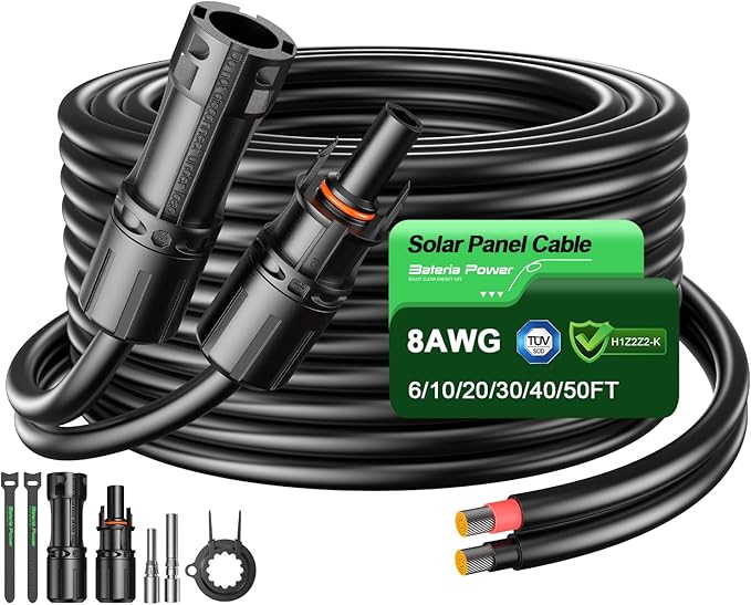 Bateria Power 6 Feet 8AWG Solar Panel Extension Cable, 10mm² Twin Wire Conductor Parallel Solar Wire Adapter Kit with Waterproof Female & Male Solar Connectors for RV, Marine, Photovoltaic Systems