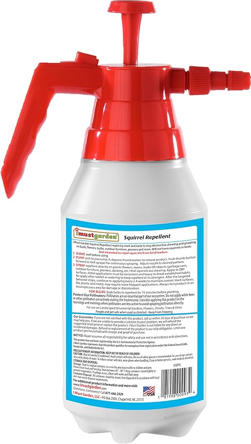 I Must Garden Squirrel Repellent: 45oz RTU Refillable Pump Sprayer - Protects Vehicles, Plants, Decking, & Furniture