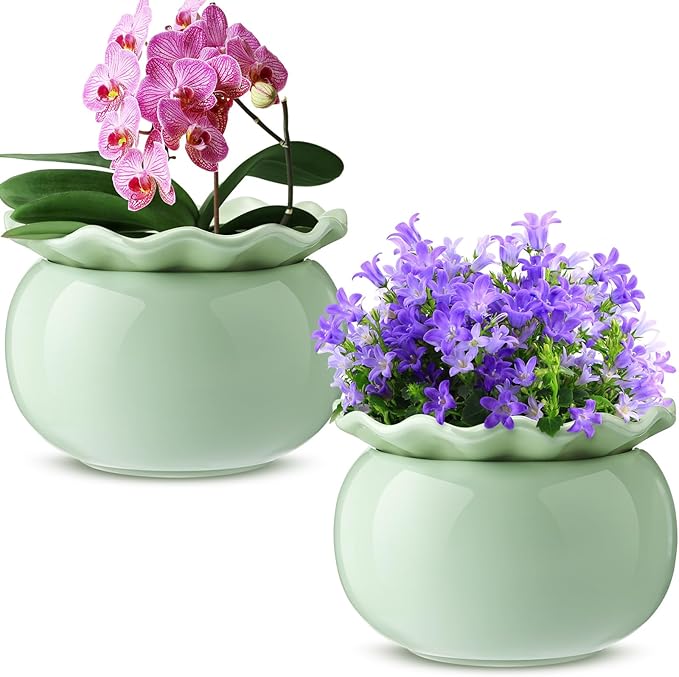 Suclain 2 Pack Ceramic African Violet Pots Self Watering Plant Pot Effortless Self Watering Plant Flower for Busy Lovers, Indoor(Green,6 Inch)