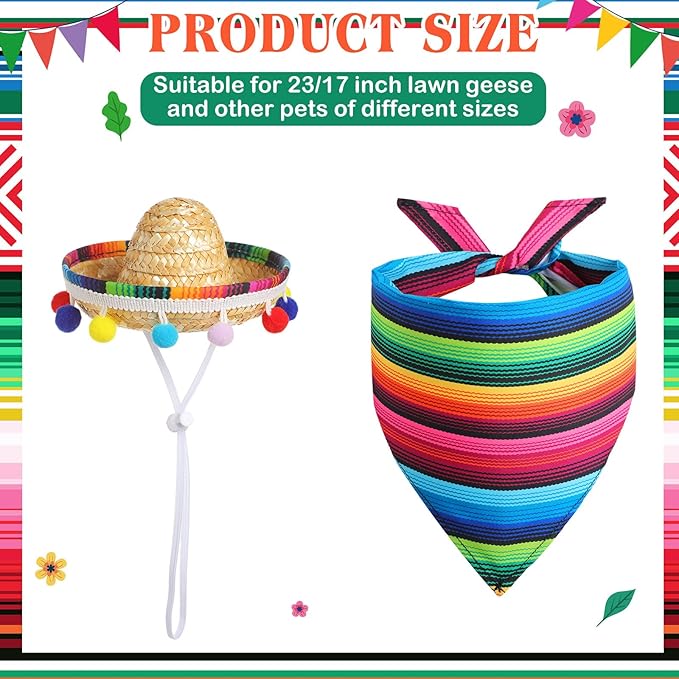 Shyyween Mexican Porch Goose Outfit for 23"/ 17'' Lawn Goose Statue Sombrero with Bandana Scarf for Garden Patio Yard Decor(Bright)