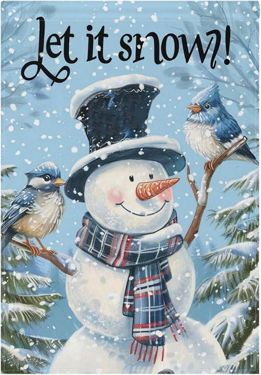 Pfrewn Christmas Winter Garden Flag 12x18 Double Sided Winter Snowman Cute Blue Birds House Yard Flags Welcome Winter Outdoor Indoor Banner for Party Home Merry Christmas Xmas Decorations