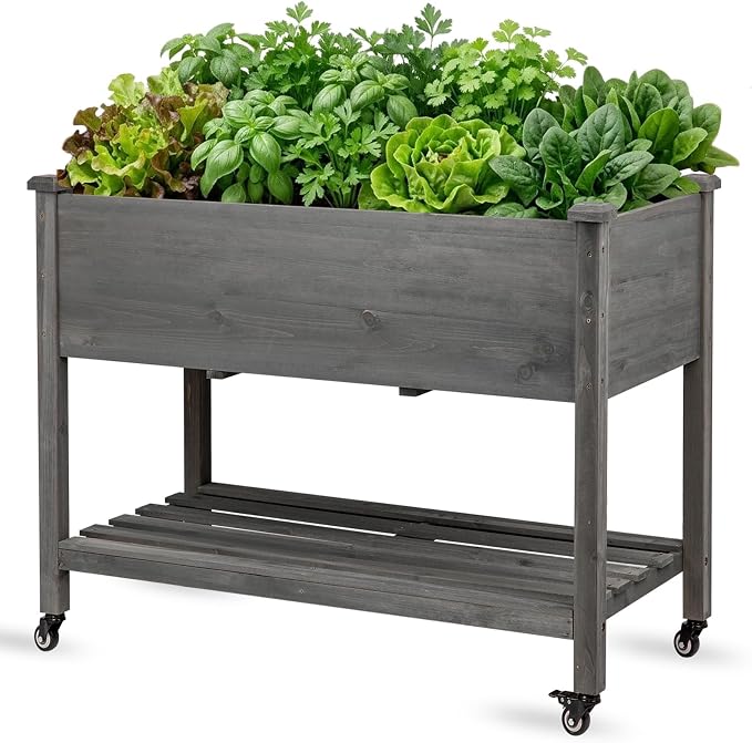 Raised Garden Bed with Lockable Wheels, 40x24x32 inch Elevated Wood Planter with Storage Shelf Protective Liner for Vegetable Flower Herb Outdoor Balcony Patio Backyard, Grey