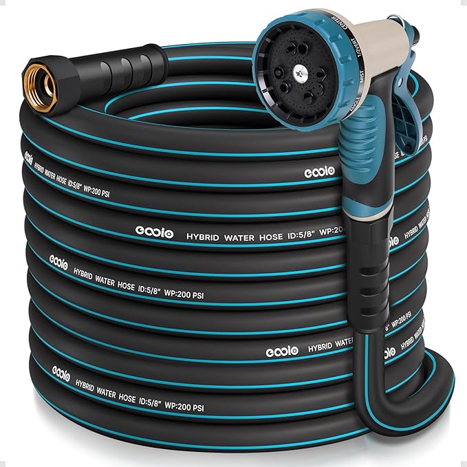 Heavy Duty Garden Hose 75 ft, NON-EXPANDABLE Water Hose with 10 Function Spray Nozzle, Lightweight Kink-less Hybrid Hose with Swivel Handle, Male to Female Fittings