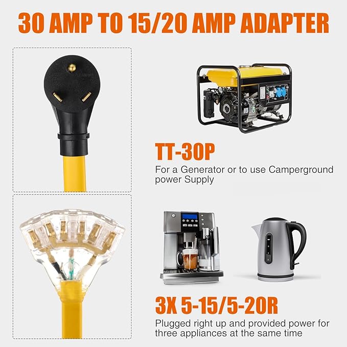 Tellegloww 10 FT Flat RV Generator Adapter Cord NEMA TT-30p to 3X 5-20R/5-15R, 30A to 110V 15/20 A Household Outlet Adapter, 10 Gauge Flat Rv Generator Extension Cord, Etl Listed, Yellow