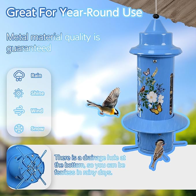 Squirrel Proof Bird Feeders, Long Lasting Bird Feeder for Outdoors, Reliable and Rust Resistant Metal Station for Prevents Squirrels from Stealing Food,5LB Large Capacity (Blue Bird Feeder)
