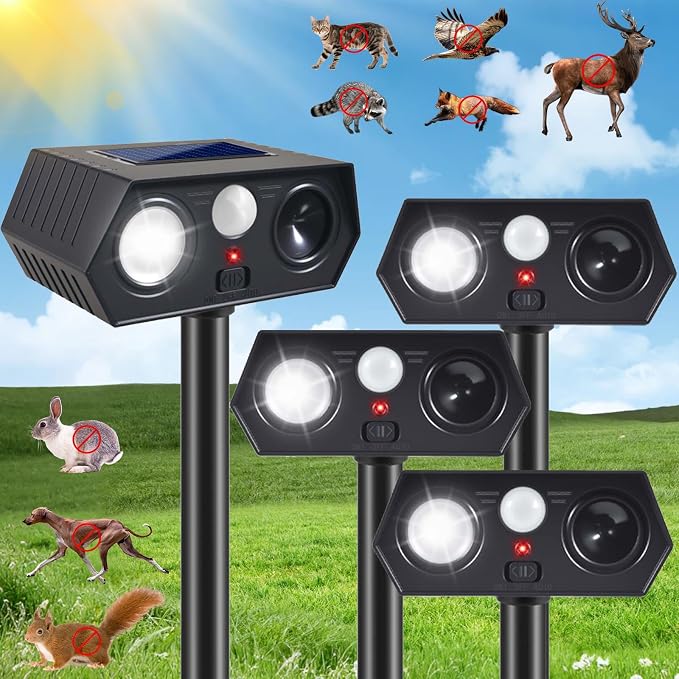 4Pack Solar Ultrasonic Animal Repellent Outdoor, Deer Deterrent Devices with Motion Sensor, Cat Repellent with LED Flash Lights to Scare Squirrel Rabbit Raccoon Skunk Dog for Yard