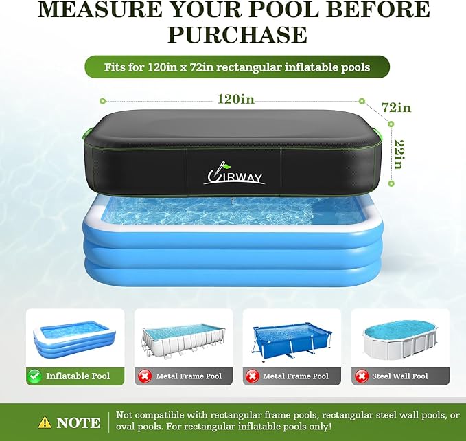 UIRWAY Rectangular Pool Cover 120in x 72in, Inflatable Pool Covers for Above Ground Pools with Elastic Cord - Snug Fit & Easy Set, Outdoor Swimming Pool Cover with 2 Reflective Strip Handles, Black