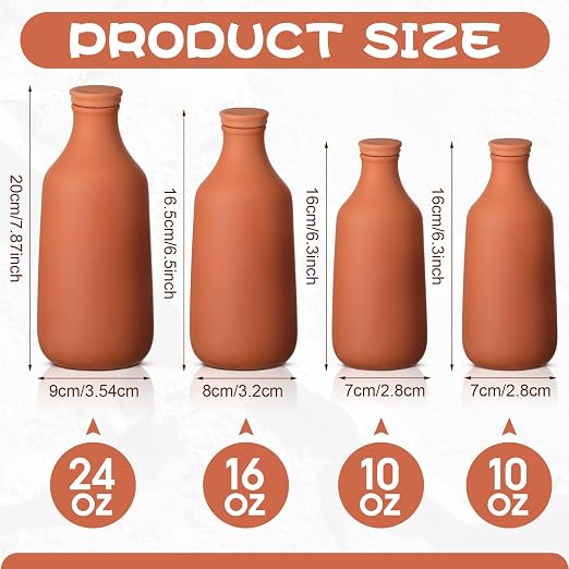 DoubleFill 4 Pcs 10, 16, 24 oz Ollas Terracotta Watering Pots Self Watering Planter Insert Terracotta Globes Clay for Outdoor Indoor Garden Plants, Easy to Refill