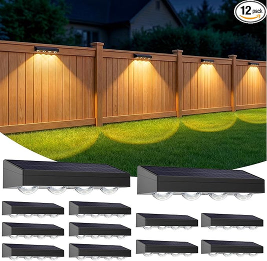 ShineTech Solar Fence Lights Outdoor Waterproof, 3-Color Lighting Modes LED Solar Powered Deck Lights, Outdoor Step Lights for Railing, Patio, Wall, Backyard (12 Packs)