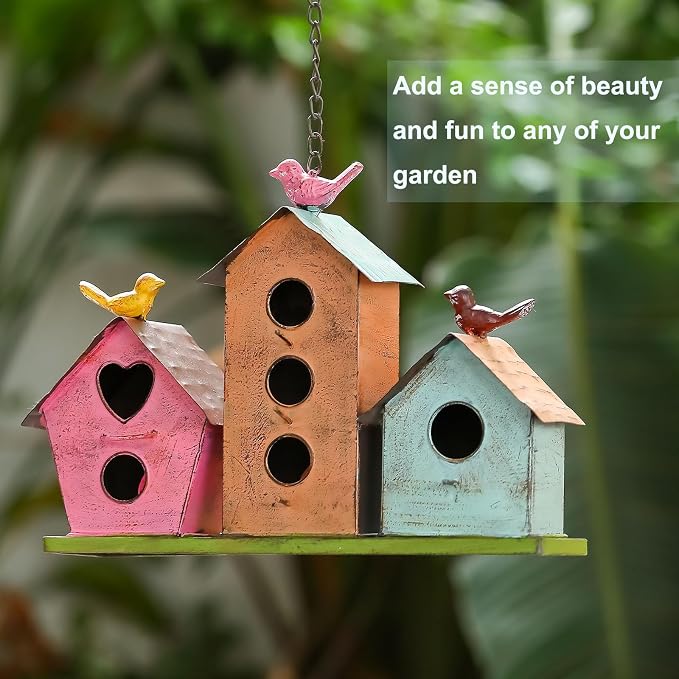 Large Bird House for Outside, 3-Room Metal Birdhouse with Easy Clean Door | Vintage metal bird house with 3 rooms, perfect shelter for finches, wrens and cardinals, featuring a handy clean door