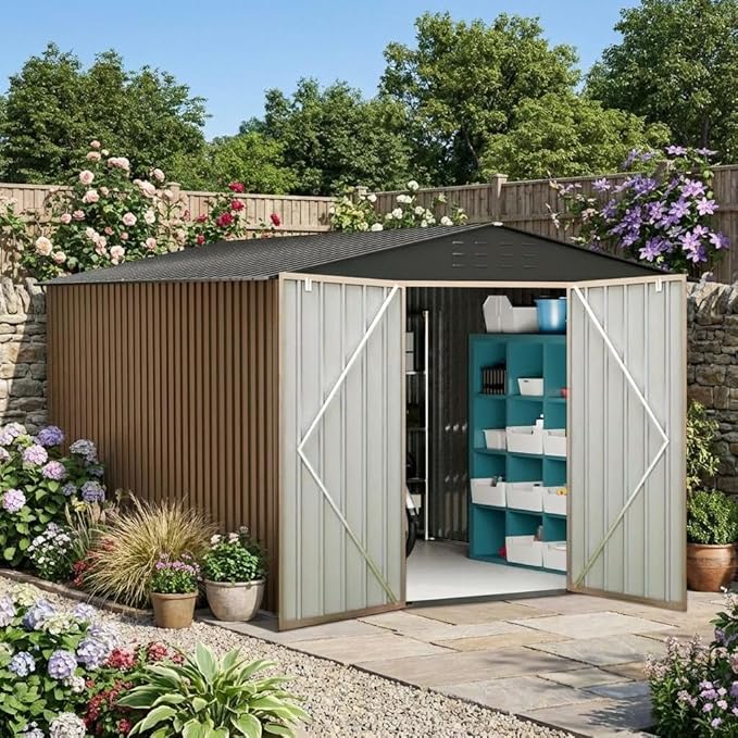 Garvee 8x12ft Metal Shed, Outdoor Garden Tool Storage Shed with Lockable Doors, Large Metal Shed with Sturdy Frame Structure, for Backyard, Patio, Lawn, Brown